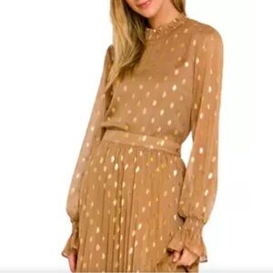 Endless Rose Polka Dot Chiffon Metallic Long Sleeve Blouse Size M In Tan